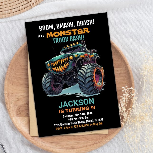 Monster Lastbil Birthday Investigation Grönt Black Inbjudningar (Monster Truck Birthday Invitations Green Black)
