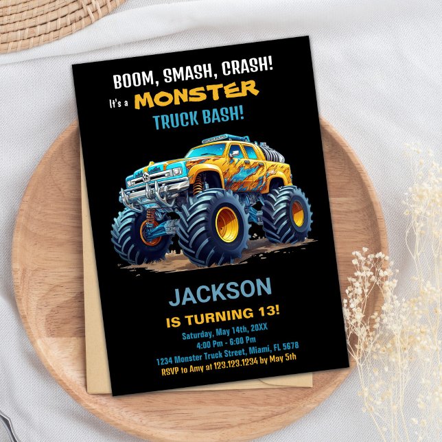 Monster Lastbil Birthday Investigation Gult Black Inbjudningar (Monster Truck Birthday Invitations Yellow Black)