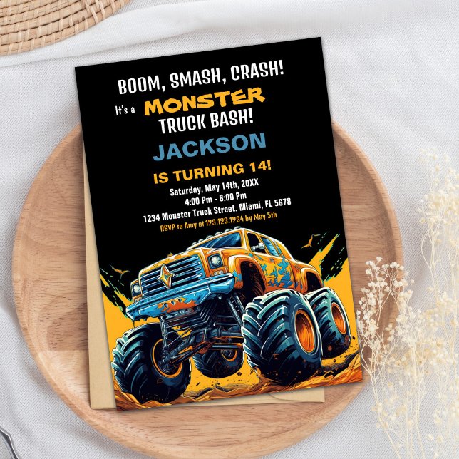 Monster Lastbil Birthday Investigation Orange BC Inbjudningar (Monster Truck Birthday Invitations Orange BC)
