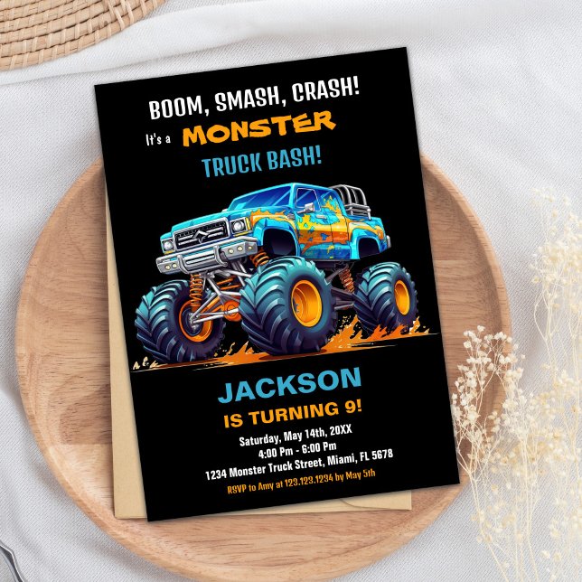 Monster Lastbil Birthday Investigation Orange Blac Inbjudningar (Monster Truck Birthday Invitations Orange Black BC)