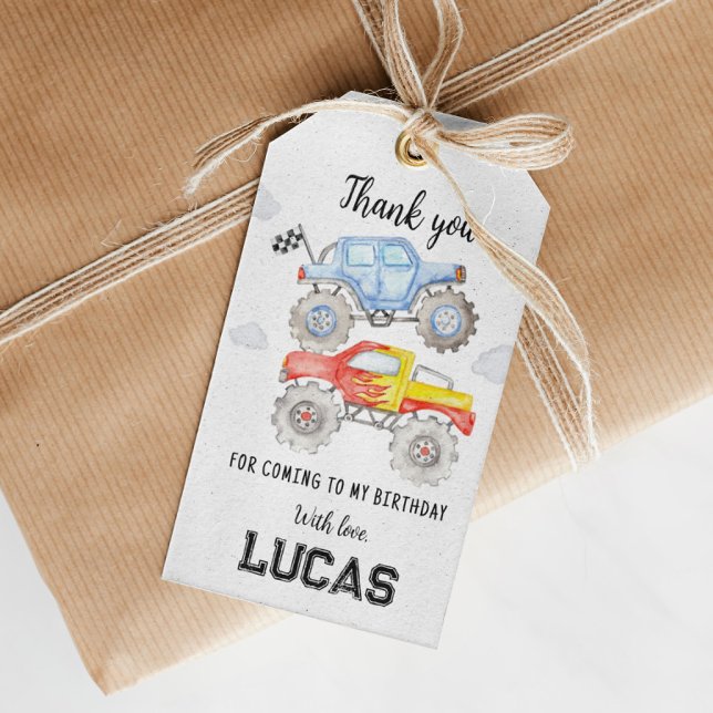 Monster Lastbil Birthday Tack Märkre Presentetikett (Skapare uppladdad)