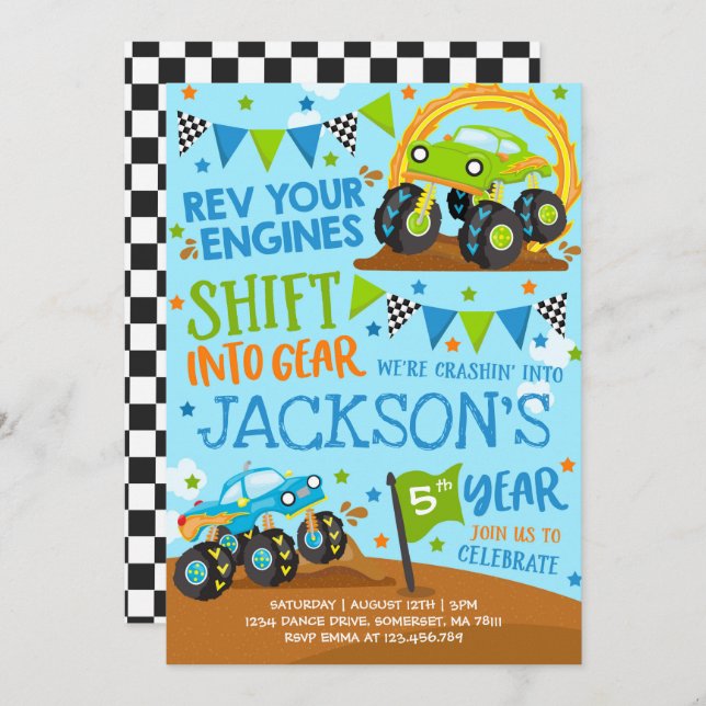 Monster Lastbil bjuder in Monster Lastbil på födel Inbjudningar (Fram/baksida)