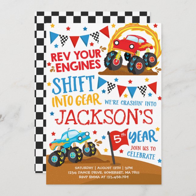 Monster Lastbil bjuder in Monster Lastbil på födel Inbjudningar (Fram/baksida)