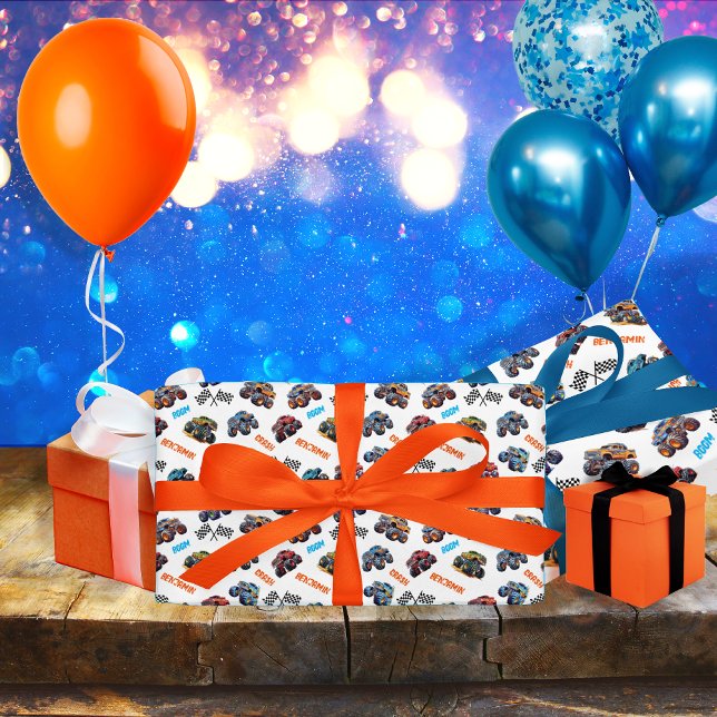 Monster Lastbil Boom Crunch Crash Birthday Presentpapper (Monster Truck "Boom, Crunch, Crash, Crush 'Em" Name Wrapping Paper for Boy's Birthday and Holiday)