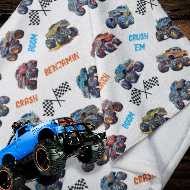 Monster Lastbil Boom Crunch Crash Crush Boy's Namn Fleecefilt (Monster Truck Boom, Crunch, Crash, Crush 'Em Boy's Name Fleece Blanket)
