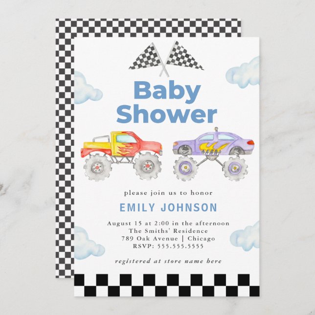 Monster Lastbil Boy Baby Shower-inbjudan Inbjudningar (Fram/baksida)