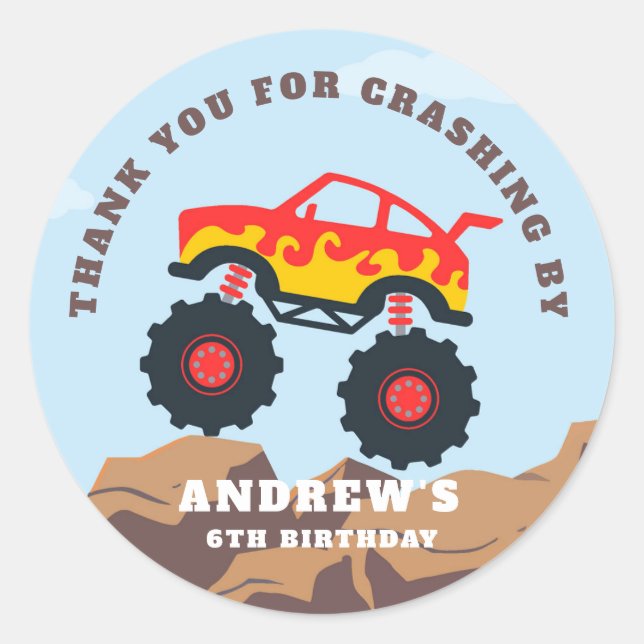 Monster Lastbil Boy Födelsedagsfest Runt Klistermärke (Framsida)