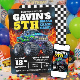 Monster Lastbil Coola Blue 5 Birthday Personlig Inbjudningar