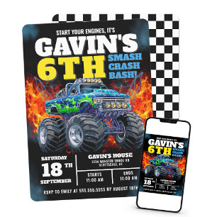 Monster Lastbil Coola Blue 6e Birthday Personlig Inbjudningar