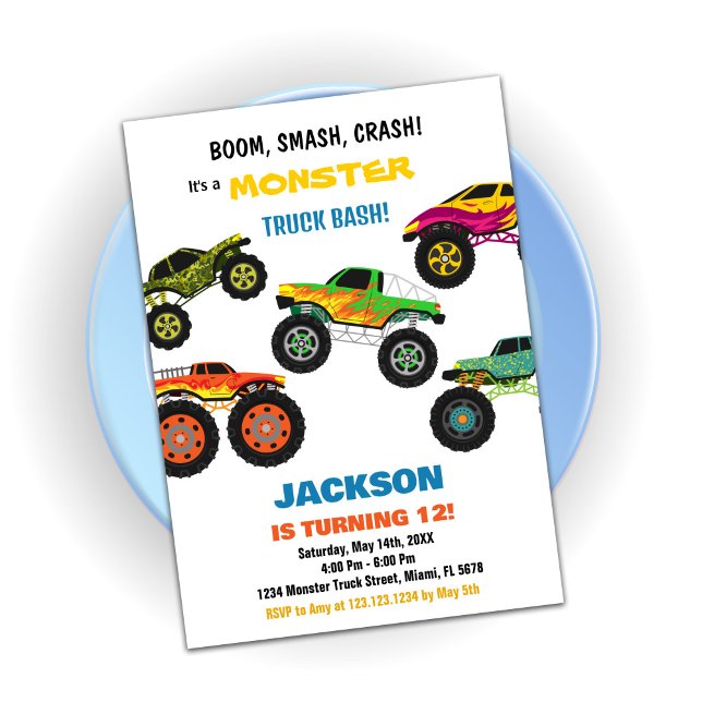 Monster Lastbil födelsedag bjuder in Färg Inbjudningar (Monster Truck Birthday Invitations Colours)