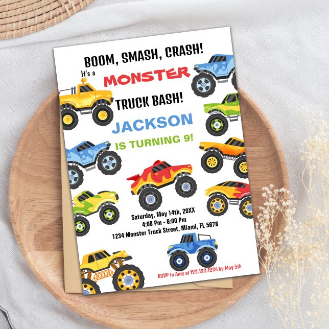 Monster Lastbil födelsedag bjuder in Färg Inbjudningar (Monster Truck Birthday Invitations Colours)