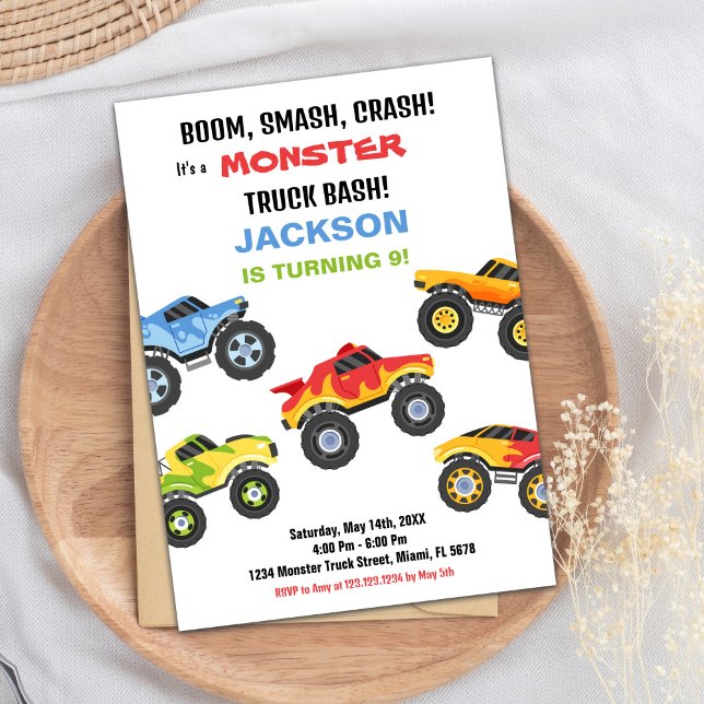 Monster Lastbil födelsedag bjuder in Färg Inbjudningar (Monster Truck Birthday Invitations Colours)