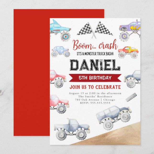 Monster Lastbil födelsedag bjuder in Lastbilar i a Inbjudningar (Fram/baksida)