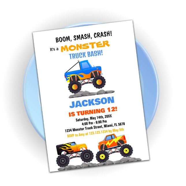 Monster Lastbil födelsedag bjuder in Lastbilar Inbjudningar (Monster Truck Birthday Invitations Trucks)