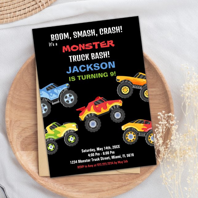 Monster Lastbil födelsedag bjuder in Lastbilar Inbjudningar (Monster Truck Birthday Invitations Trucks)
