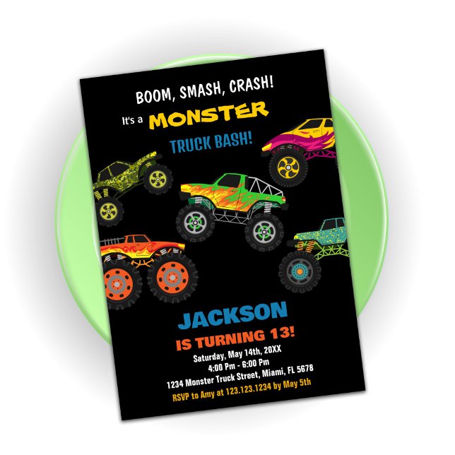 Monster Lastbil födelsedag Färg Black Inbjudningar (Monster Truck Birthday Invitations Colours Black)