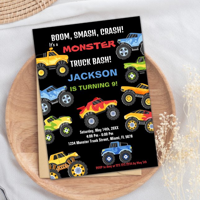 Monster Lastbil födelsedag Färg Black Inbjudningar (Monster Truck Birthday Invitations Colours Black)
