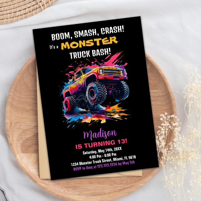 Monster Lastbil födelsedag Rosa Black Inbjudningar (Monster Truck Birthday Invitations Pink Black)