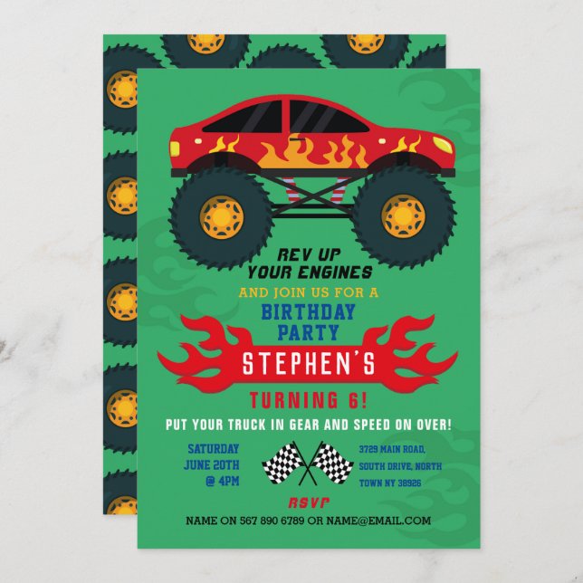 Monster Lastbil Födelsedagsfest Flames Big Inbjuda Inbjudningar (Fram/baksida)