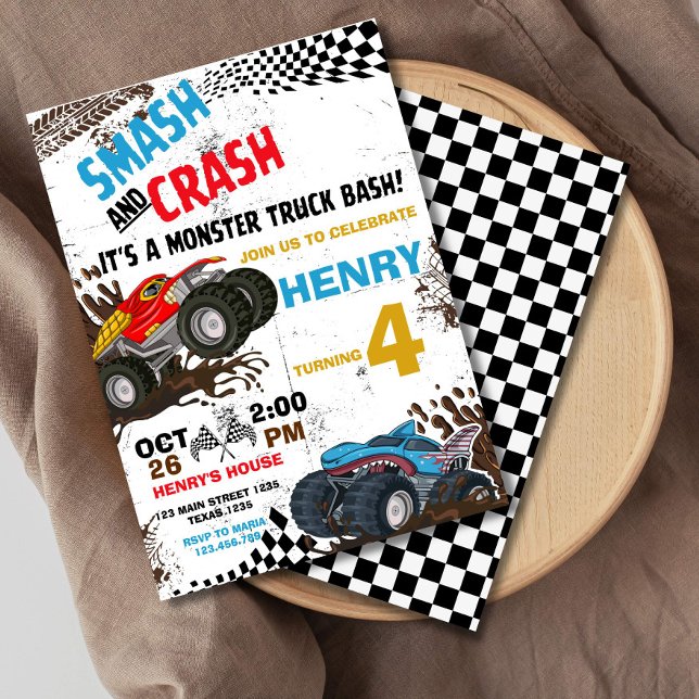 Monster Lastbil Födelsedagsfest inbjudan (MONSTER TRUCK BIRTHDAY INVITATION, SMASH AND CRASH ITS A MONSTER BASH)