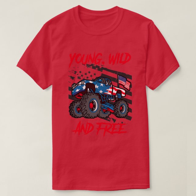 Monster Lastbil Gift Young Vild Free Boys 4:e Jul T Shirt (Design framsida)