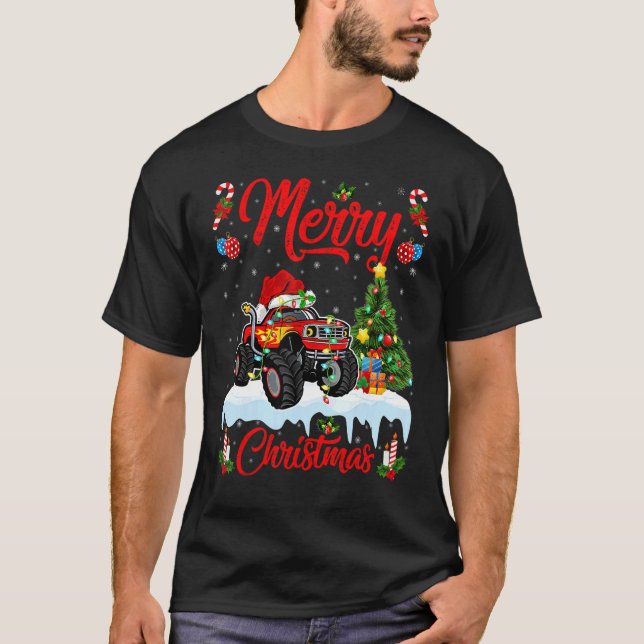 Monster Lastbil Ljus Julafton Träd Santa Monster L T Shirt (Framsida)