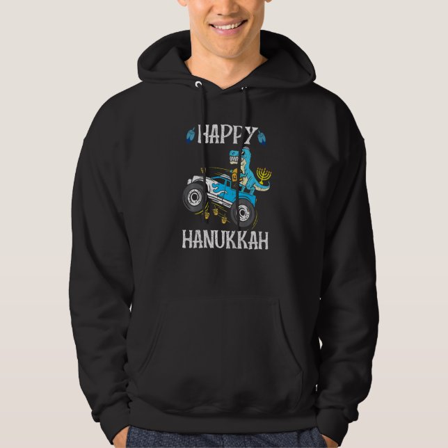 Monster Lastbil Menorah Dreidel Lycklig Hanukah Di Hoodie (Framsida)