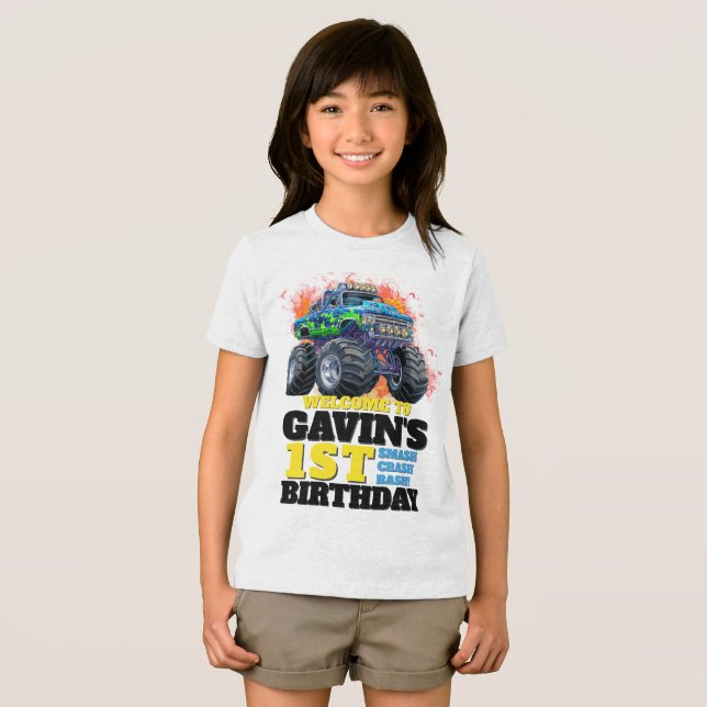 Monster Lastbil Personlig Födelsedagsfest T Shirt (Framsida Full)