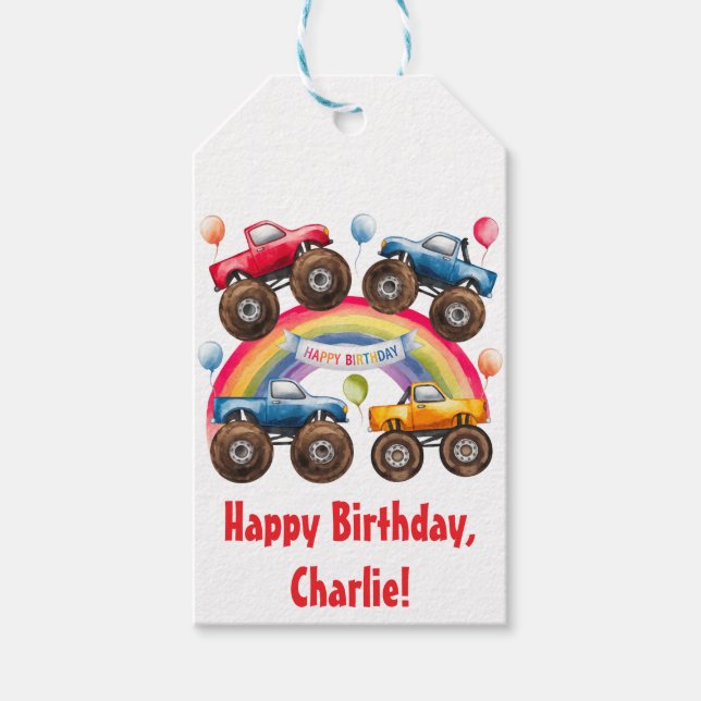 Monster Lastbil Rainbow Boy Birthday Bash Tack Presentetikett (Framsidan)