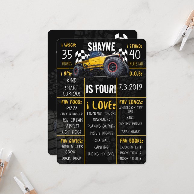 Monster Lastbil Rally Födelsedagsfest Milestone-si Inbjudningar (Fram/Back In Situ)