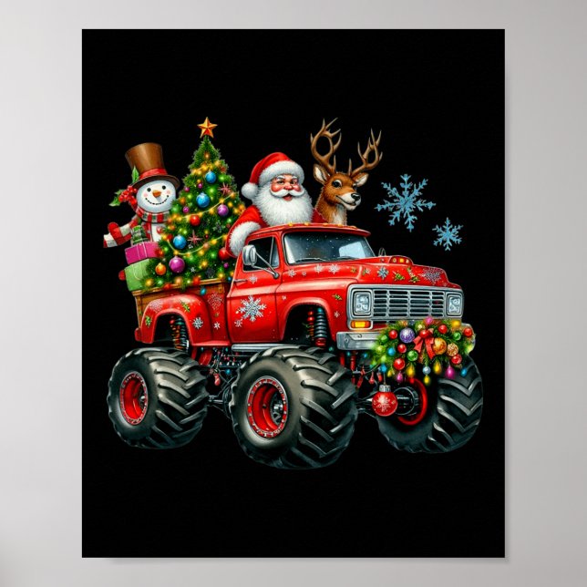 Monster Lastbil Santa Reindeer Julgran Kids T Poster (Framsidan)