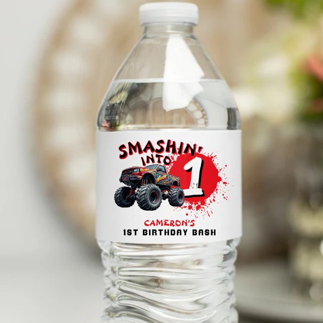 Monster Lastbil Smash 1:a födelsedagen Vattenflaskor Etikett (Monster Truck Smash 1st Birthday Water Bottle Label
)