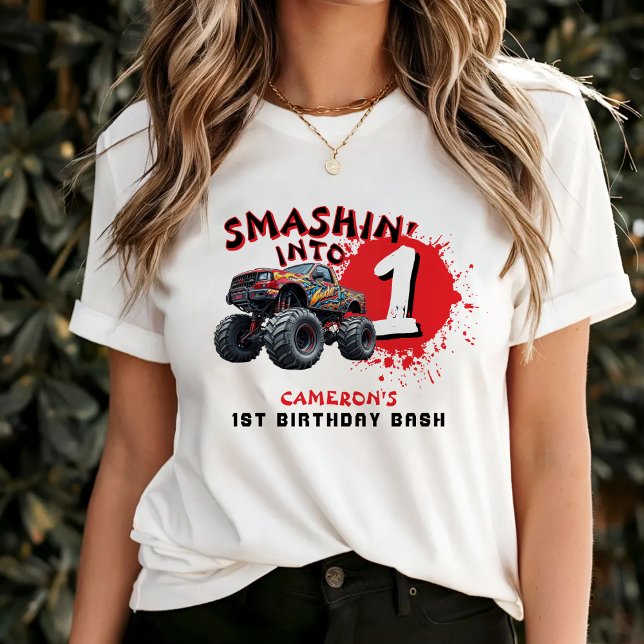 Monster Lastbil Smash 1:a födelsedagsföräldern T Shirt (Monster Truck Smash 1st Birthday Parents T-Shirt
)