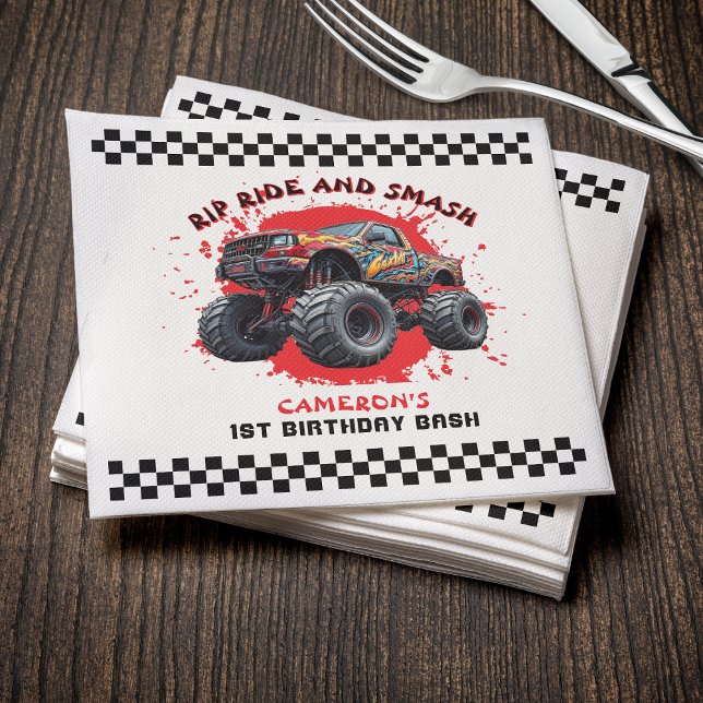 Monster Lastbil Smash Checkated Flagga 1:a födelse Pappersservett (Monster Truck Smash Checkered Flag 1st Birthday Napkins
)
