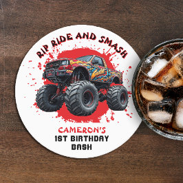 Monster Lastbil Smash Checkated Flagga 1:a födelse Underlägg Papper Rund