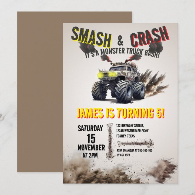 Monster Lastbil SMASH & CRASH Bash Födelsedagsfest Inbjudningar (Fram/baksida)
