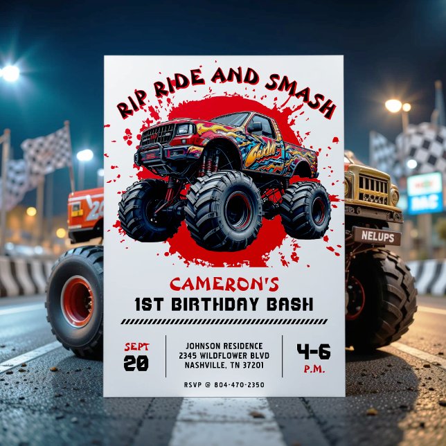 Monster Lastbil Smash Red 1:a födelsedagen Party Inbjudningar (Monster Truck Smash Red 1st Birthday Party Invitation
)