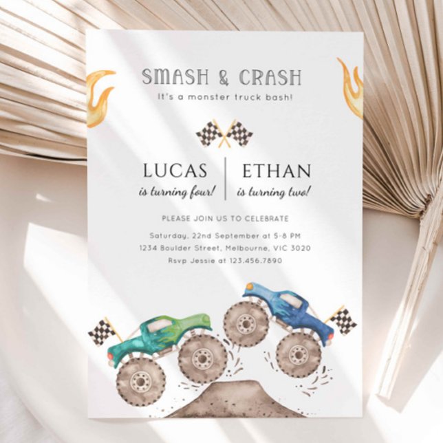 Monster Lastbil Syskon, gemensamma Födelsedagsfest Inbjudningar (Skapare uppladdad)