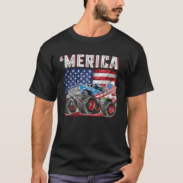 Monster Lastbil USA flagga Merica Manar Boys 4 jul T Shirt (Framsida)