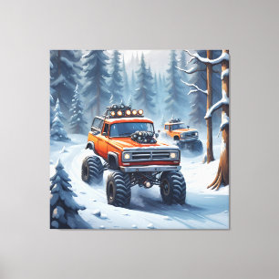 Monster Lastbilar kör i Snowy Forest Canvastryck