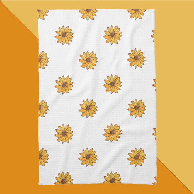 Mönster-markör för blomma Gult Kökshandduk (A kitchen towel with a pattern of hand drawn yellow sunflowers.)