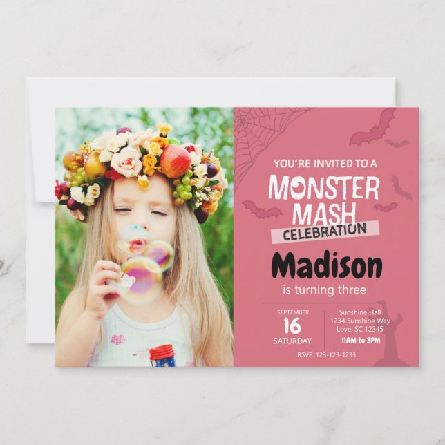 Monster Mash Birthday Inbjudan med foto (rosa) (Framsida)