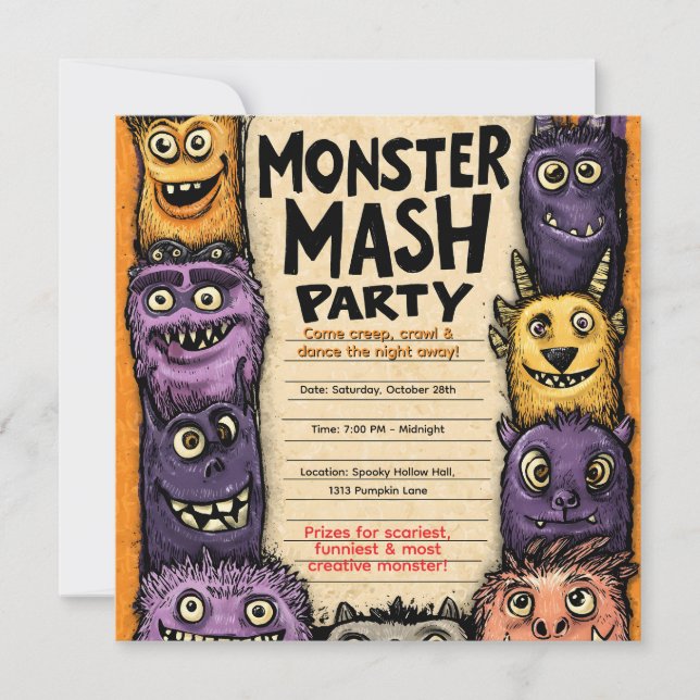 "Monster Mash-fest" med söta monster Inbjudningar (Framsida)