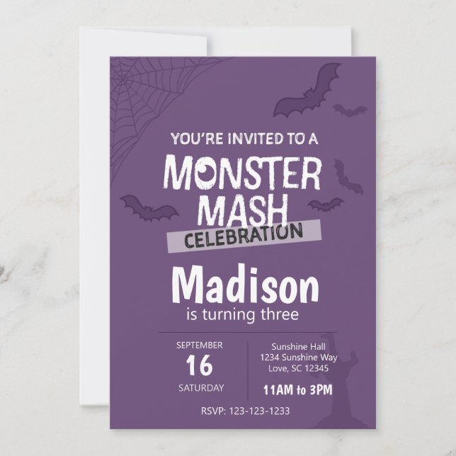 Monster Mash Halloween Birthday Inbjudan (lila) (Framsida)