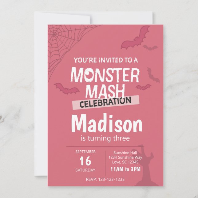 Monster Mash Halloween Birthday Inbjudan (rosa) (Framsida)