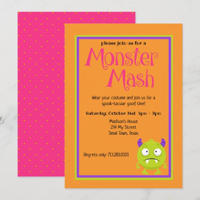 Monster Mash Kids Cute Colorous Halloween Inbjudningar (Fram/baksida)