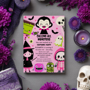 Monster Mash Rosa Kids Halloween Födelsedagsfest Inbjudningar