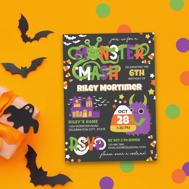 Monster Mash Typography Kids Halloween Birthday Inbjudningar (Skapare uppladdad)