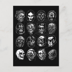 Monster Mask Horror Art Postkort svart & vitt Vykort