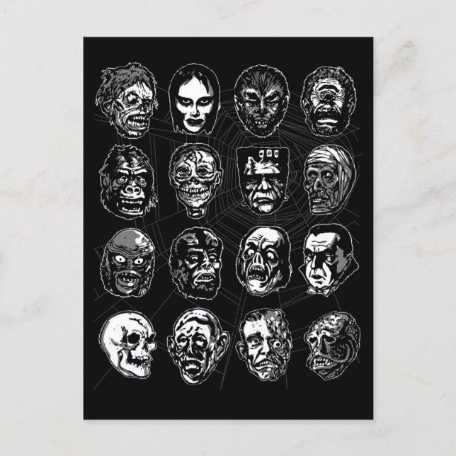 Monster Mask Horror Art Postkort svart & vitt Vykort (Framsida)